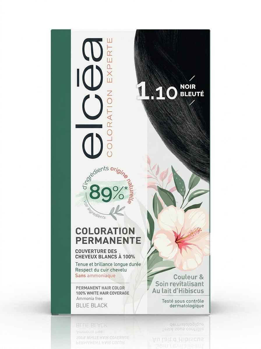 Elcea hair color packaging with black blue hair sample and floral design on a white background