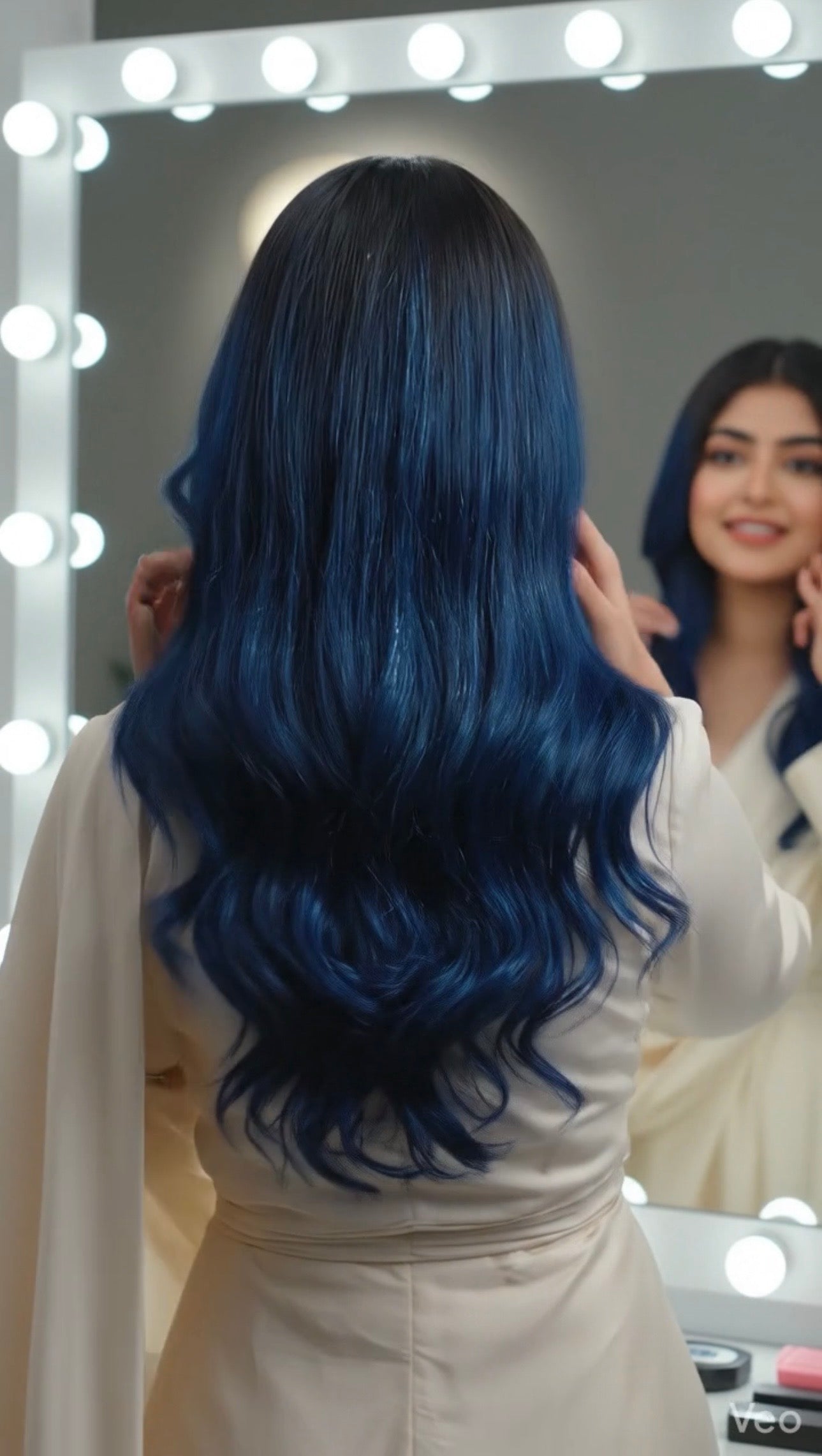 A woman with long, wavy, vibrant blue hair is shown from behind, wearing a cream-colored robe in front of a lighted vanity mirror.