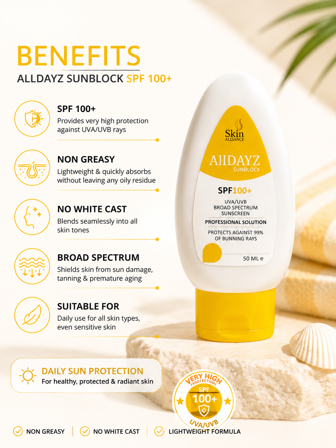 Alldayz Sunblock SPF 100 | Broad Spectrum UVA/UVB Sunscreen | Water-Resistant, Non-Greasy Daily Sun Protection