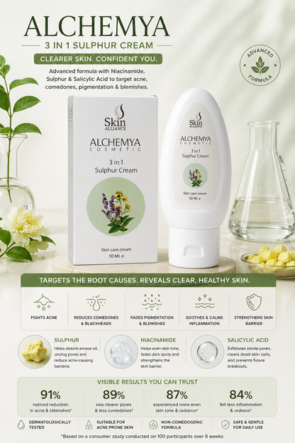 Alchemya 3-in-1 Sulphur Cream | Sulphur, Niacinamide & Salicylic Acid | Acne, Comedones, Blemishes & Pigmentation Care