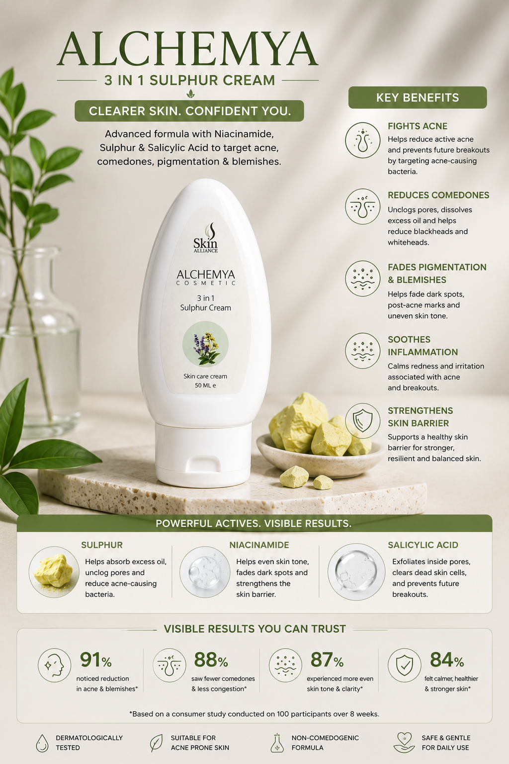 Alchemya 3-in-1 Sulphur Cream | Sulphur, Niacinamide & Salicylic Acid | Acne, Comedones, Blemishes & Pigmentation Care