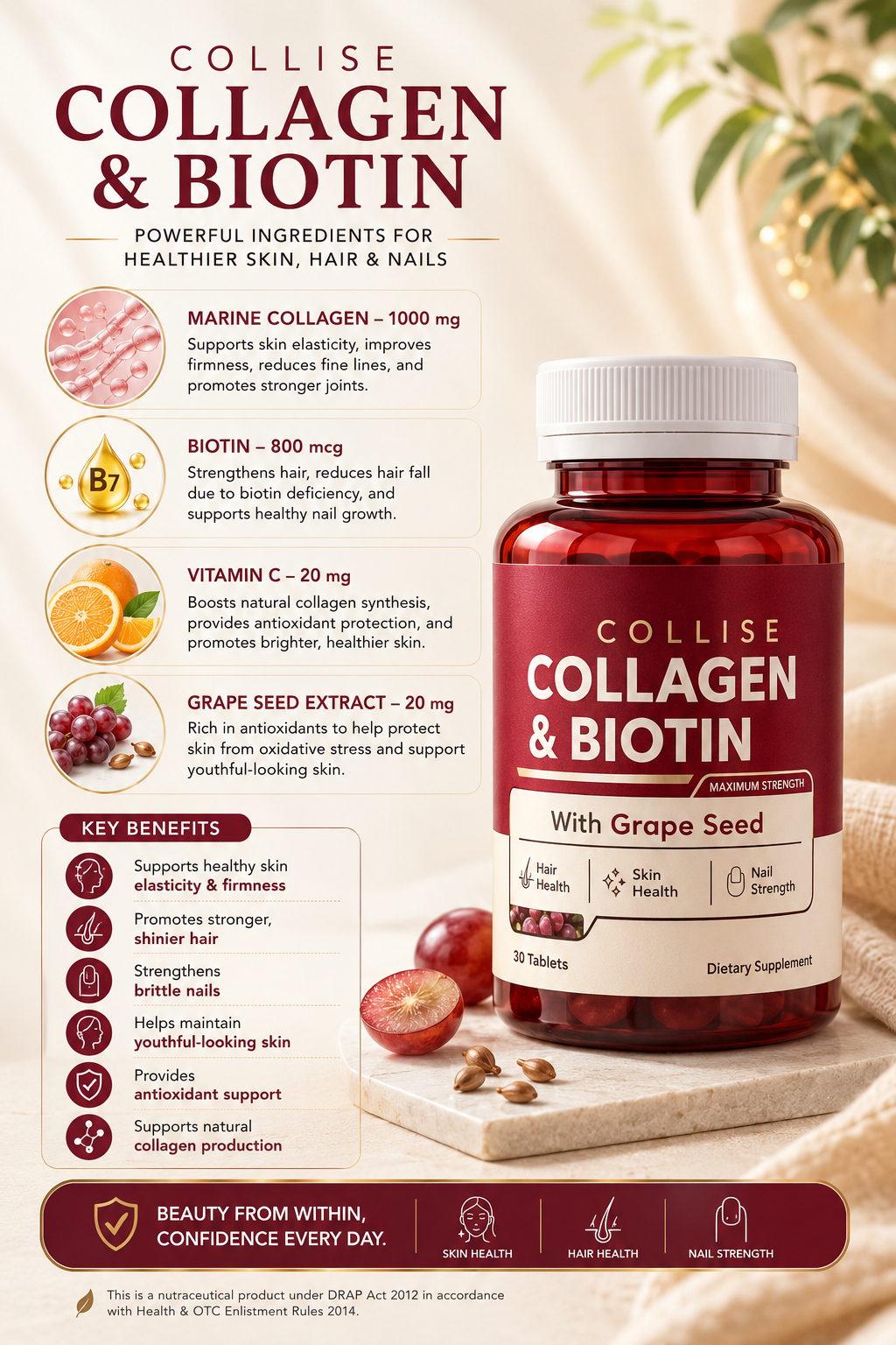 Collise Collagen & Biotin Tablets | Marine Collagen 1000mg + Biotin 800mcg | Hair, Skin, Joints, Anti aging & Nail Supplement | 30 Tablets