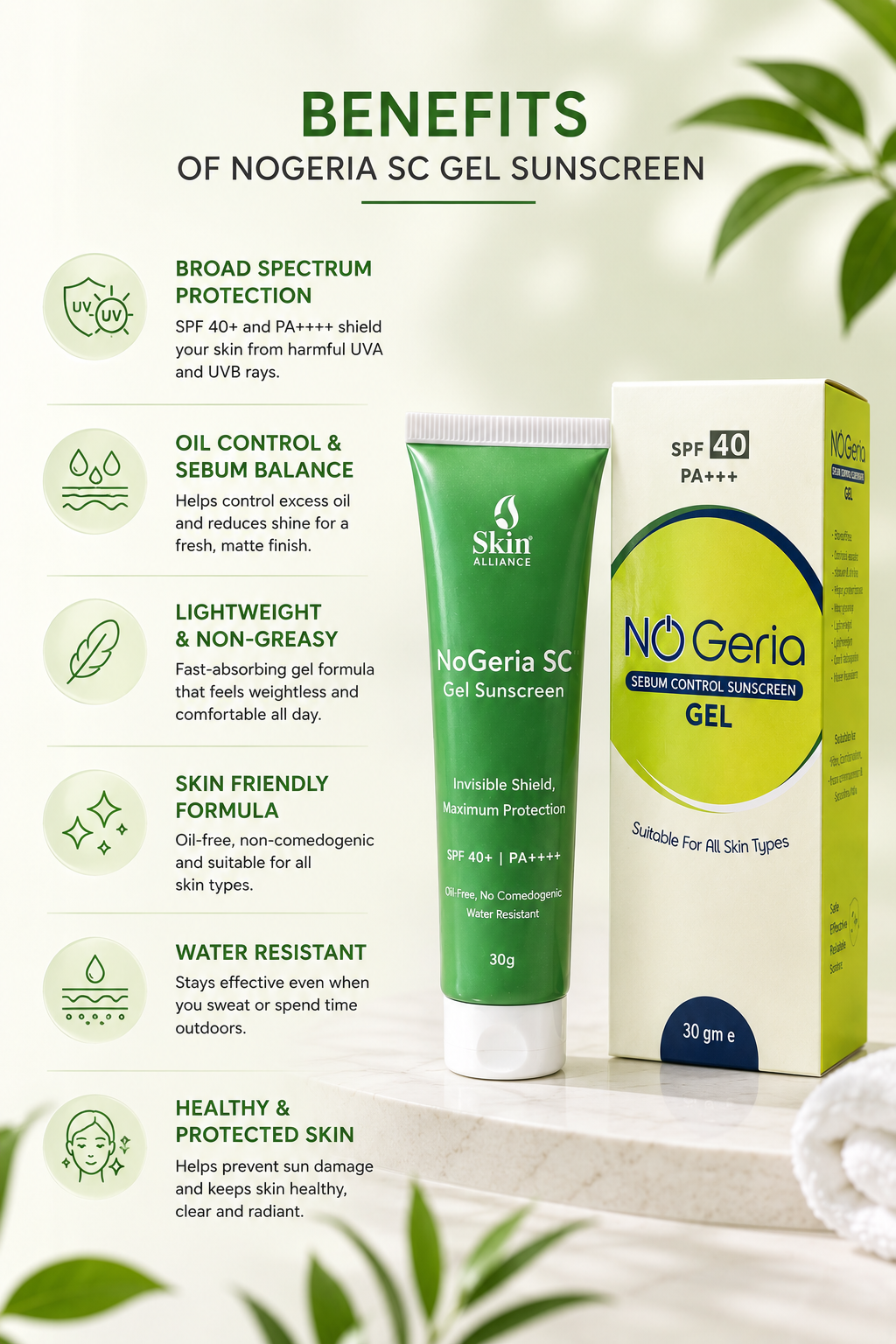 NoGeria SC Gel Sunscreen SPF 40+ | Oil-Free, No perfume, Water-Resistant Gel Sunscreen | Broad Spectrum UVA/UVB Protection