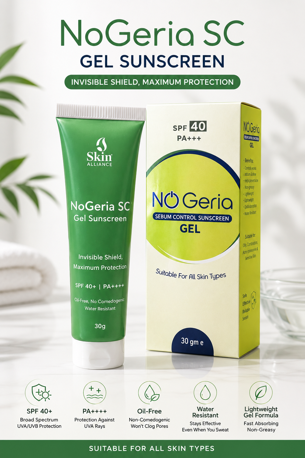 NoGeria SC Gel Sunscreen SPF 40+ | Oil-Free, No perfume, Water-Resistant Gel Sunscreen | Broad Spectrum UVA/UVB Protection