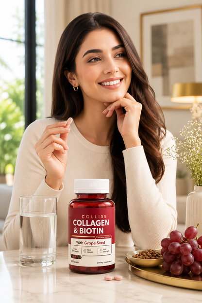 Collise Collagen & Biotin Tablets | Marine Collagen 1000mg + Biotin 800mcg | Hair, Skin, Joints, Anti aging & Nail Supplement | 30 Tablets