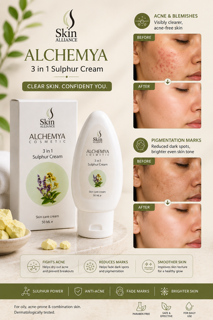 Alchemya 3-in-1 Sulphur Cream | Sulphur, Niacinamide & Salicylic Acid | Acne, Comedones, Blemishes & Pigmentation Care