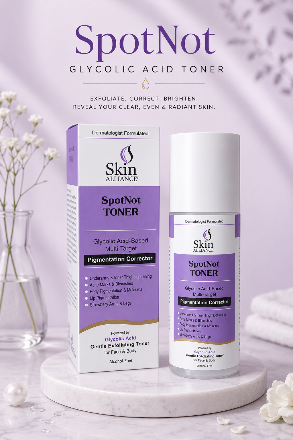 SpotNot Glycolic Acid Toner | Glycolic, Salicylic & Lactic Acid | Exfoliating Toner for Pigmentation, Acne & Smooth Skin