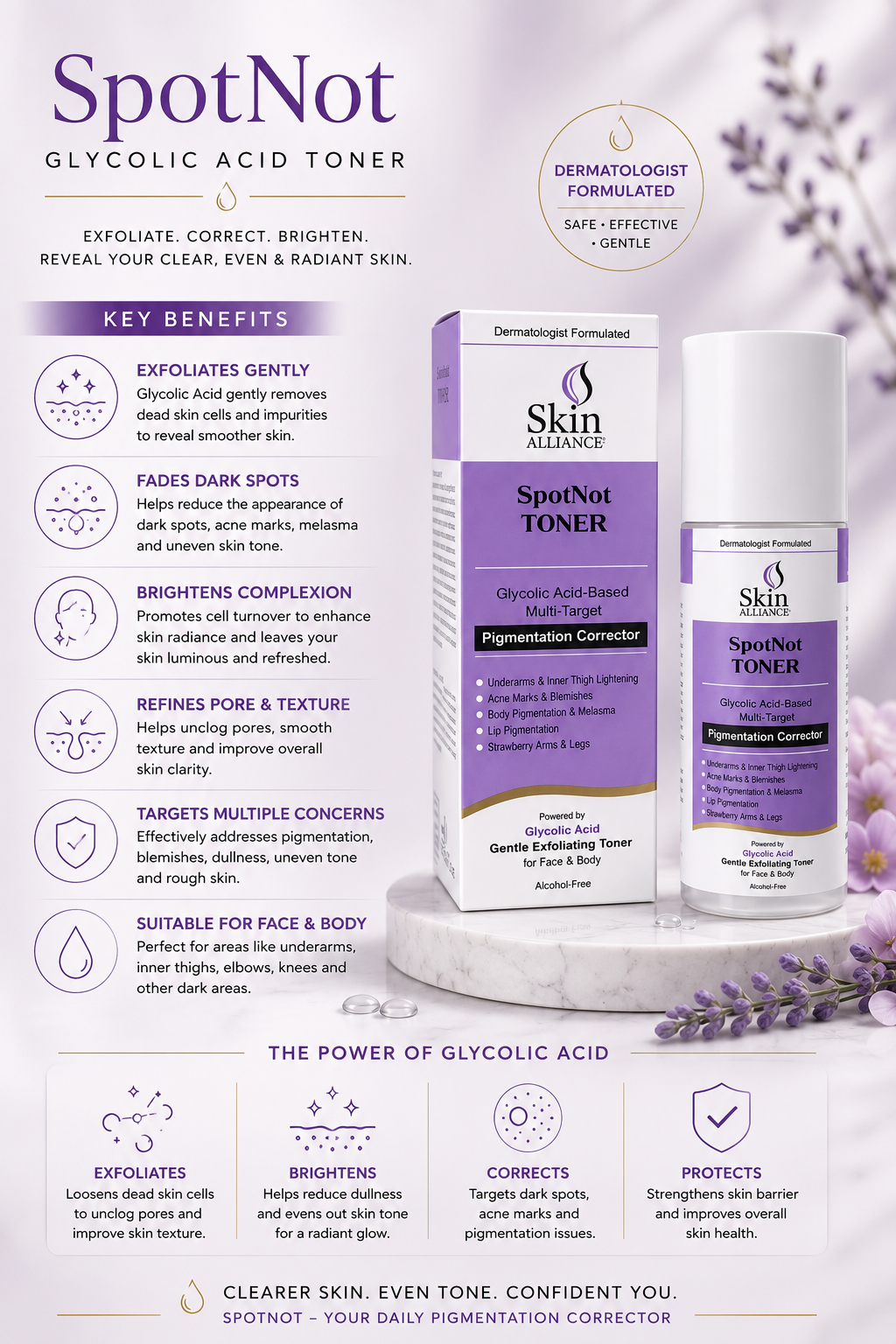 SpotNot Glycolic Acid Toner | Glycolic, Salicylic & Lactic Acid | Exfoliating Toner for Pigmentation, Acne & Smooth Skin
