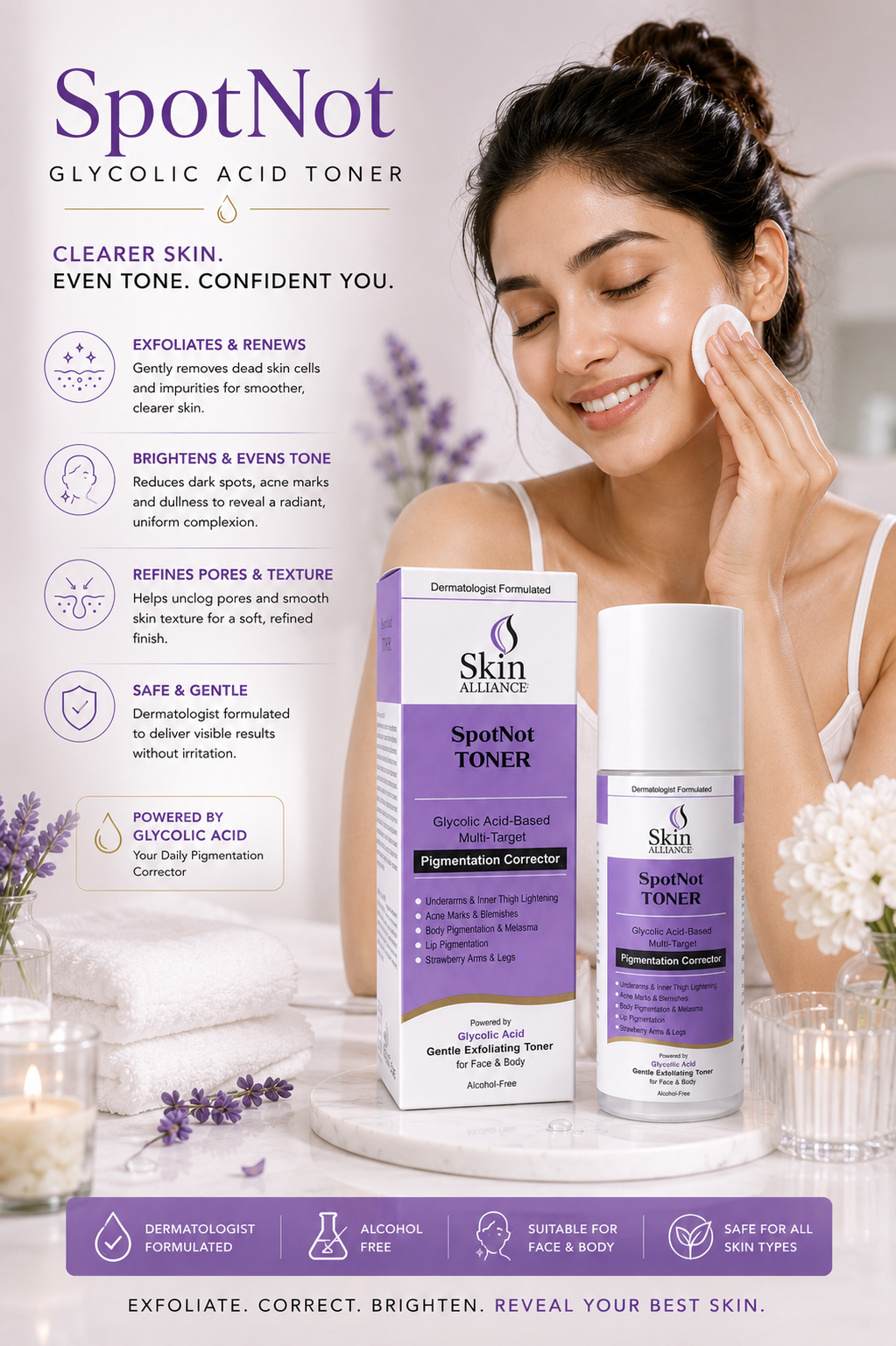 SpotNot Glycolic Acid Toner | Glycolic, Salicylic & Lactic Acid | Exfoliating Toner for Pigmentation, Acne & Smooth Skin