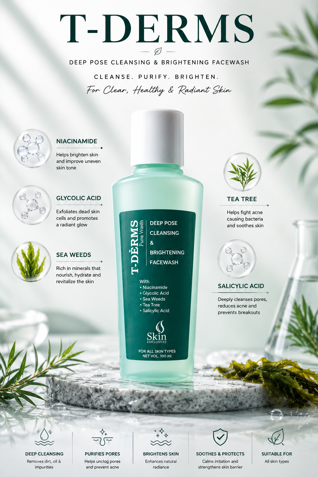 T-Derms Deep Pore Cleansing & Brightening Face Wash with Niacinamide, Salicylic Acid, Glycolic Acid, Tea Tree & Seaweed Extract | Acne, Oily & Combination Skin