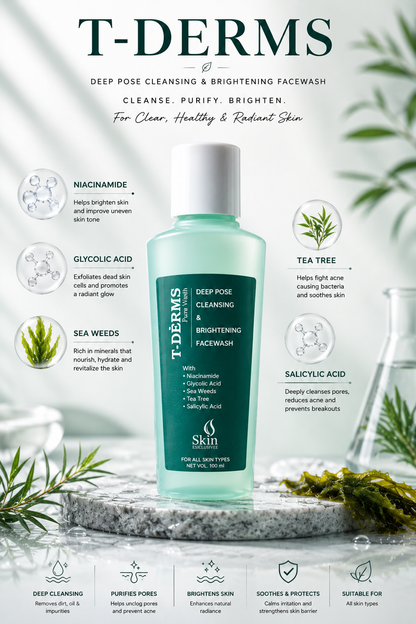 T-Derms Deep Pore Cleansing & Brightening Face Wash with Niacinamide, Salicylic Acid, Glycolic Acid, Tea Tree & Seaweed Extract | Acne, Oily & Combination Skin