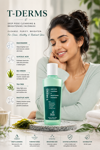 T-Derms Deep Pore Cleansing & Brightening Face Wash with Niacinamide, Salicylic Acid, Glycolic Acid, Tea Tree & Seaweed Extract | Acne, Oily & Combination Skin