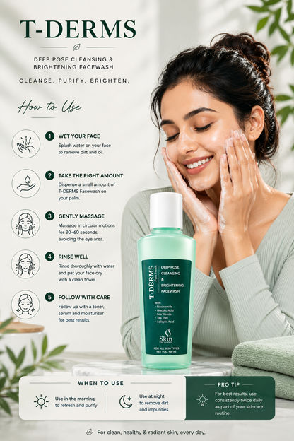 T-Derms Deep Pore Cleansing & Brightening Face Wash with Niacinamide, Salicylic Acid, Glycolic Acid, Tea Tree & Seaweed Extract | Acne, Oily & Combination Skin