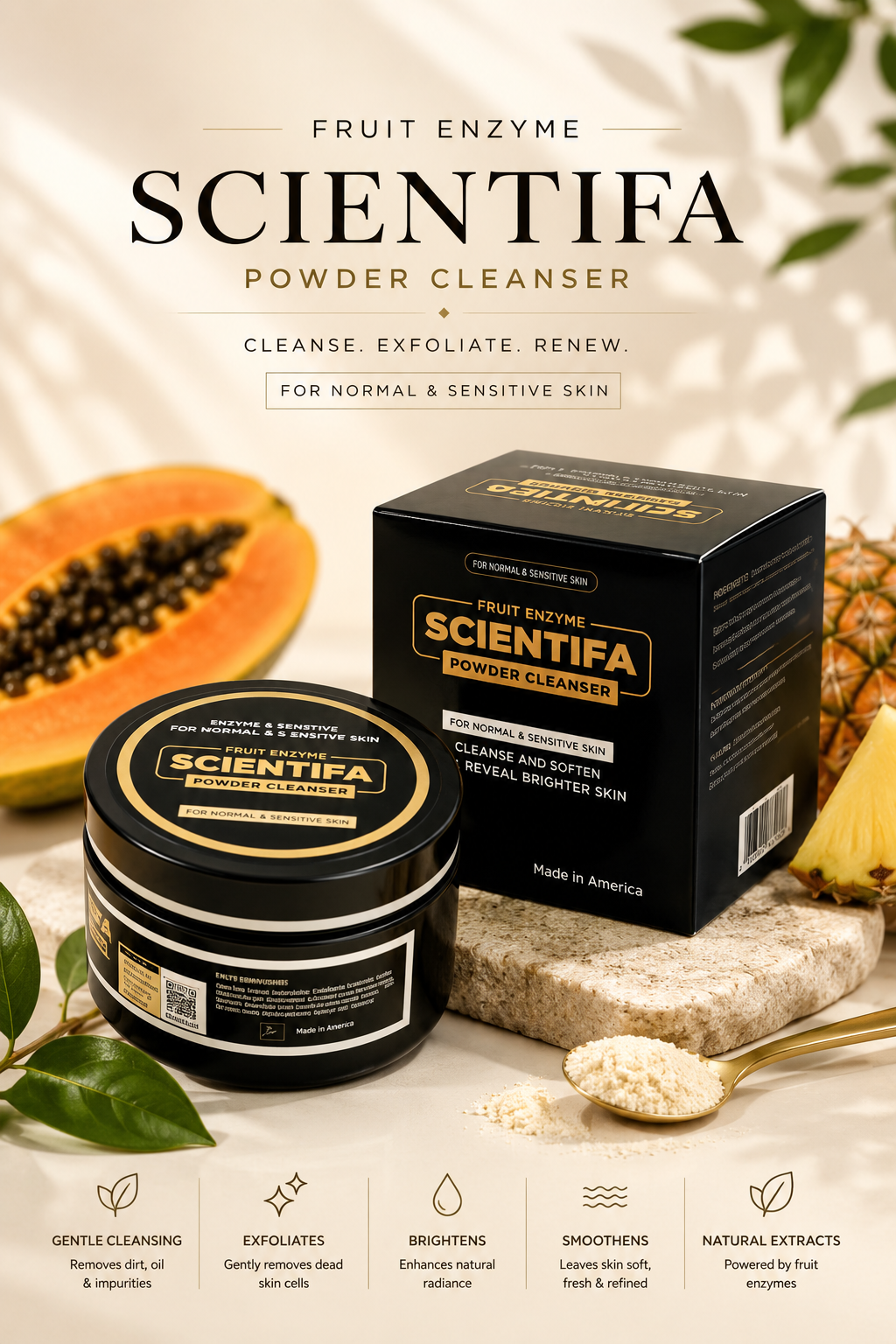 Scientifa Fruit Enzyme Powder Cleanser | Azelaic Acid & Malic Acid Exfoliating Face Cleanser for Brightening, Smooth Skin & Gentle Pore Cleansing