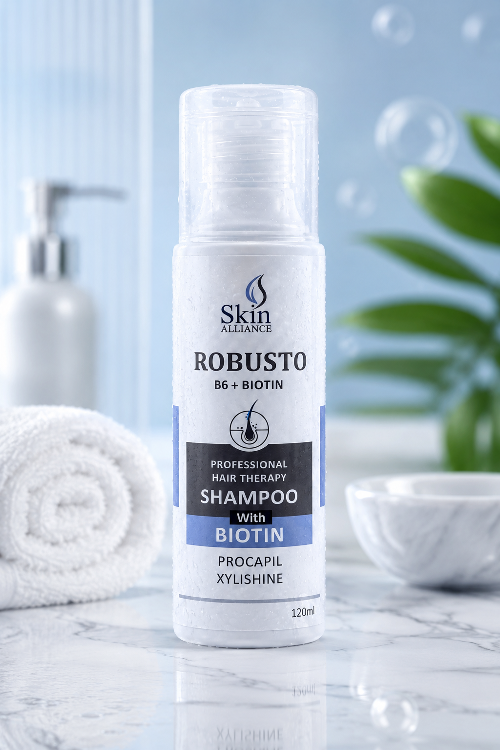 Robusto Professional Hair Therapy Shampoo with Biotin, Procapil, Xylishine & Vitamin B6 | Hair Growth, Hair Fall Control, Stronger & Thicker Hair | Sulfate-Free Daily Shampoo | 120ml