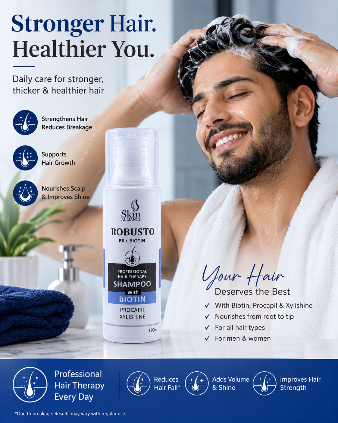 Robusto Professional Hair Therapy Shampoo with Biotin, Procapil, Xylishine & Vitamin B6 | Hair Growth, Hair Fall Control, Stronger & Thicker Hair | Sulfate-Free Daily Shampoo | 120ml