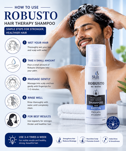 Robusto Professional Hair Therapy Shampoo with Biotin, Procapil, Xylishine & Vitamin B6 | Hair Growth, Hair Fall Control, Stronger & Thicker Hair | Sulfate-Free Daily Shampoo | 120ml