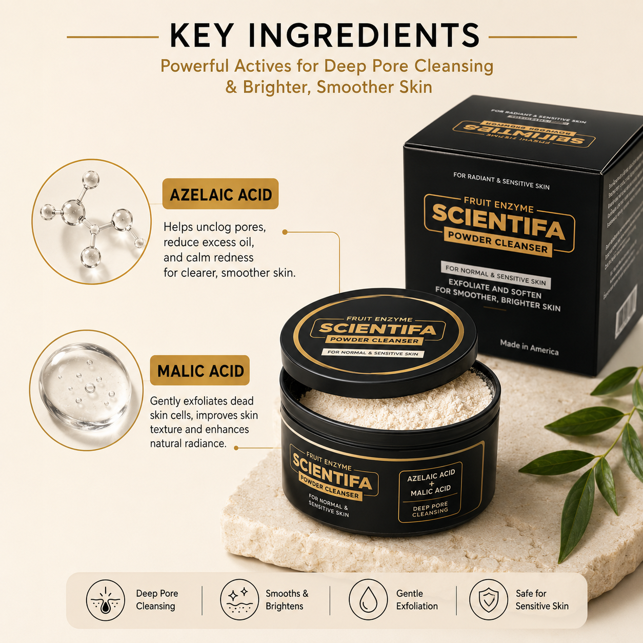 Scientifa Fruit Enzyme Powder Cleanser | Azelaic Acid & Malic Acid Exfoliating Face Cleanser for Brightening, Smooth Skin & Gentle Pore Cleansing