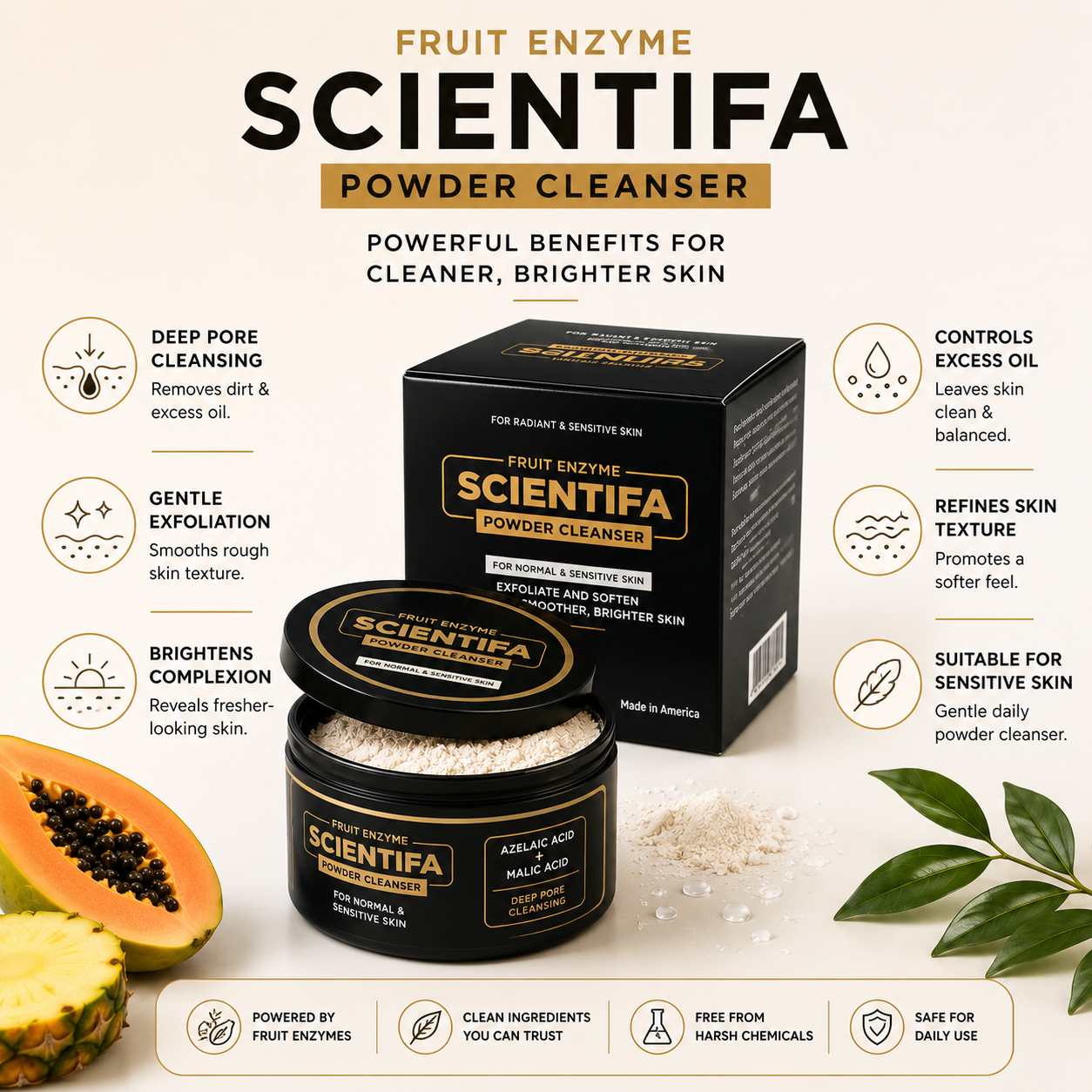 Scientifa Fruit Enzyme Powder Cleanser | Azelaic Acid & Malic Acid Exfoliating Face Cleanser for Brightening, Smooth Skin & Gentle Pore Cleansing
