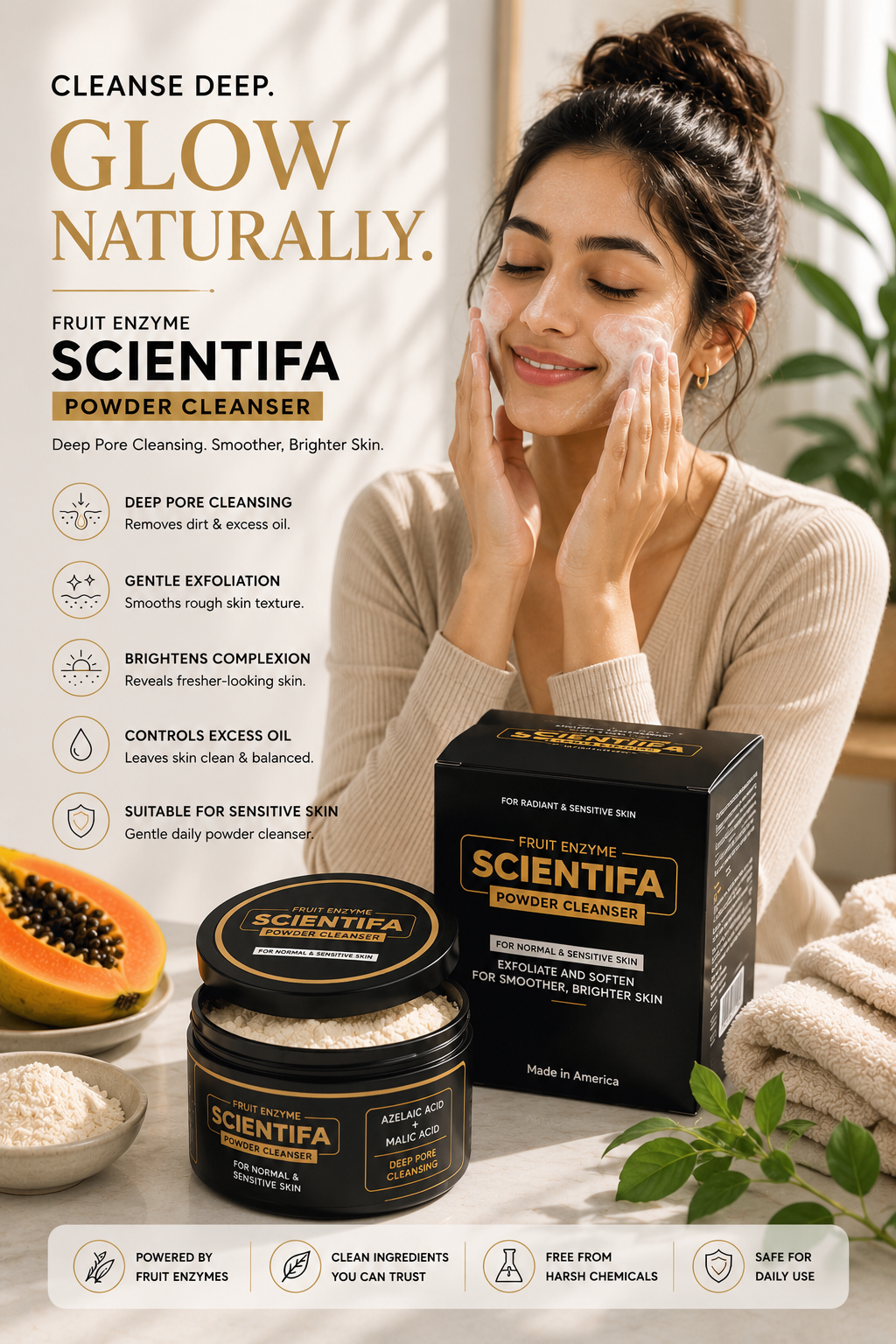 Scientifa Fruit Enzyme Powder Cleanser | Azelaic Acid & Malic Acid Exfoliating Face Cleanser for Brightening, Smooth Skin & Gentle Pore Cleansing