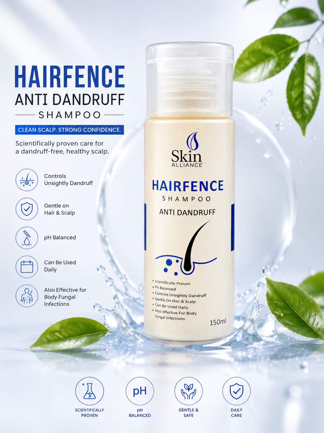 HairFence Anti-Dandruff Shampoo | Scalp Care Shampoo for Dandruff, Itchy Scalp, Flakes & Fungal Scalp Care | pH Balanced Daily Use | 150ml