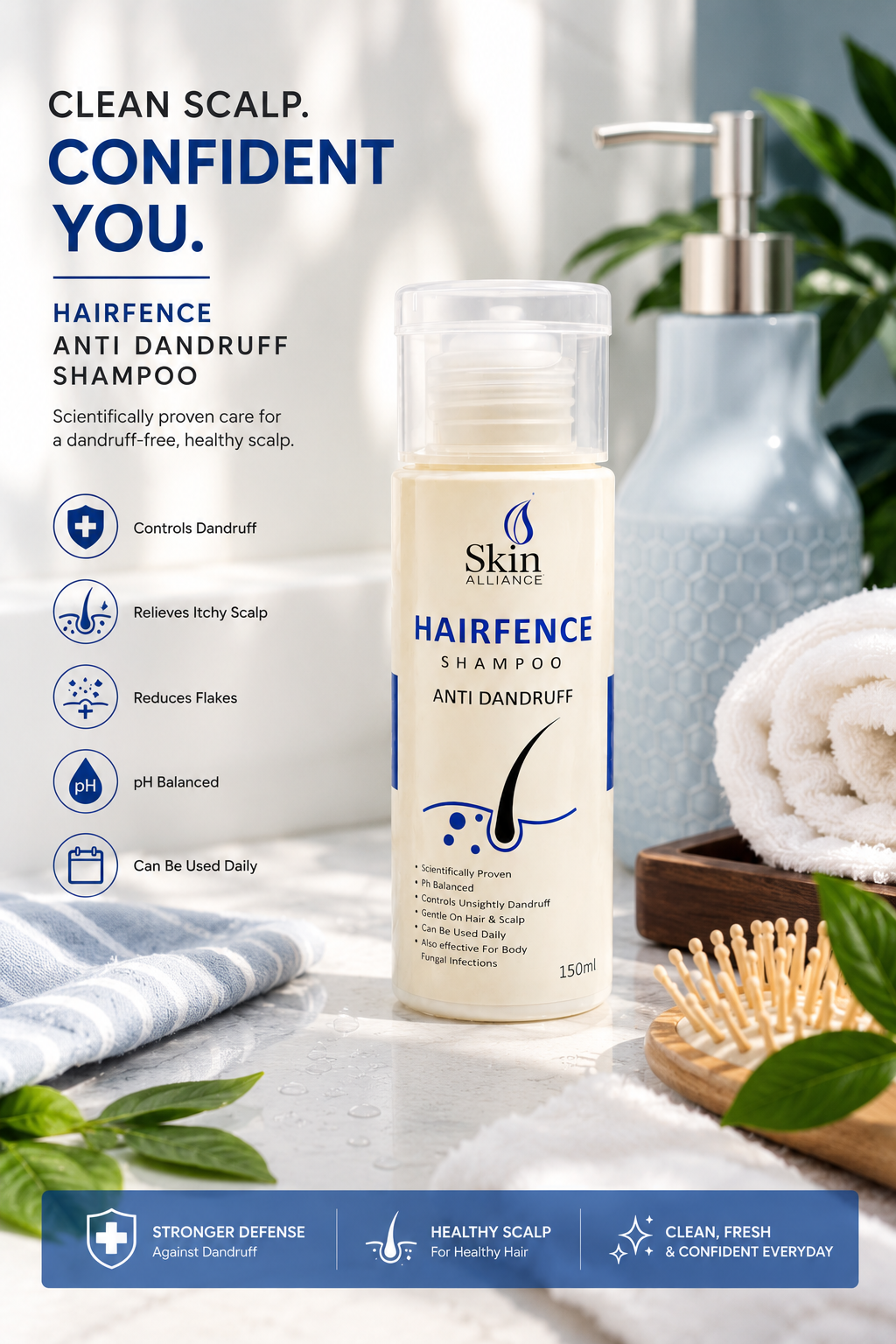 HairFence Anti-Dandruff Shampoo | Scalp Care Shampoo for Dandruff, Itchy Scalp, Flakes & Fungal Scalp Care | pH Balanced Daily Use | 150ml