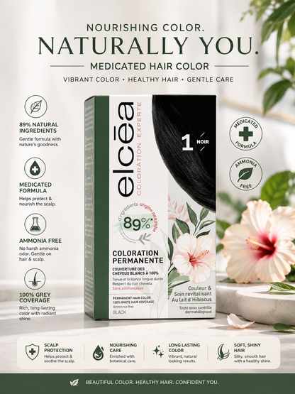 Elcea Noir 1. Black Hair Dye – Ammonia-Free Hair Color | 100% Grey Coverage | Made in France