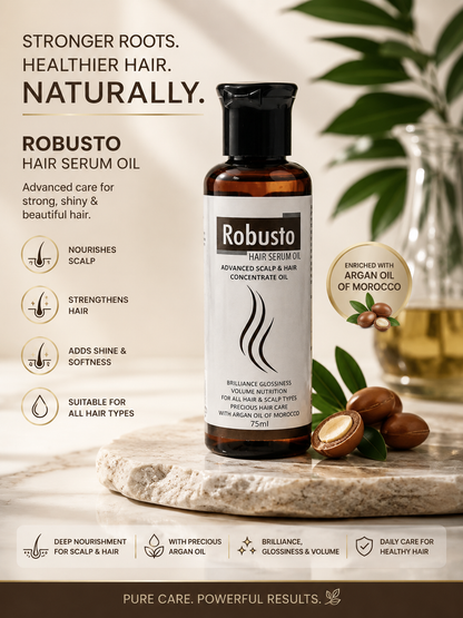 Robusto Hair Serum Oil | Argan Oil, Rosemary, Pumpkin Seed Oil, Zinc & Vitamin E Hair Growth Oil for Hair Fall Control, Stronger, Thicker Hair & Scalp Nourishment | 75ml