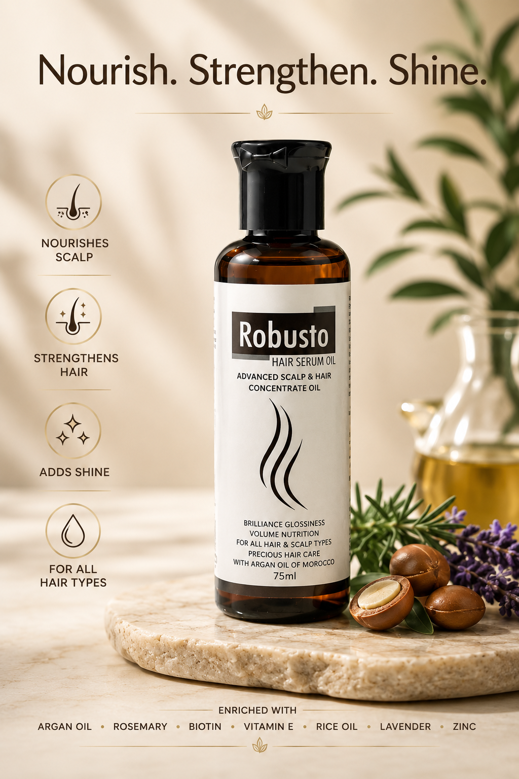 Robusto Hair Serum Oil | Argan Oil, Rosemary, Pumpkin Seed Oil, Zinc & Vitamin E Hair Growth Oil for Hair Fall Control, Stronger, Thicker Hair & Scalp Nourishment | 75ml