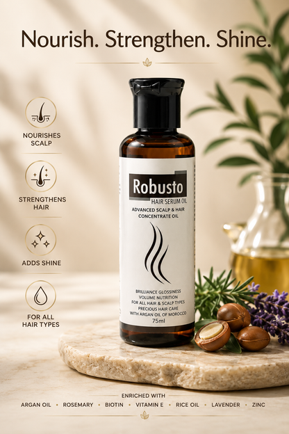 Robusto Hair Serum Oil | Argan Oil, Rosemary, Pumpkin Seed Oil, Zinc & Vitamin E Hair Growth Oil for Hair Fall Control, Stronger, Thicker Hair & Scalp Nourishment | 75ml