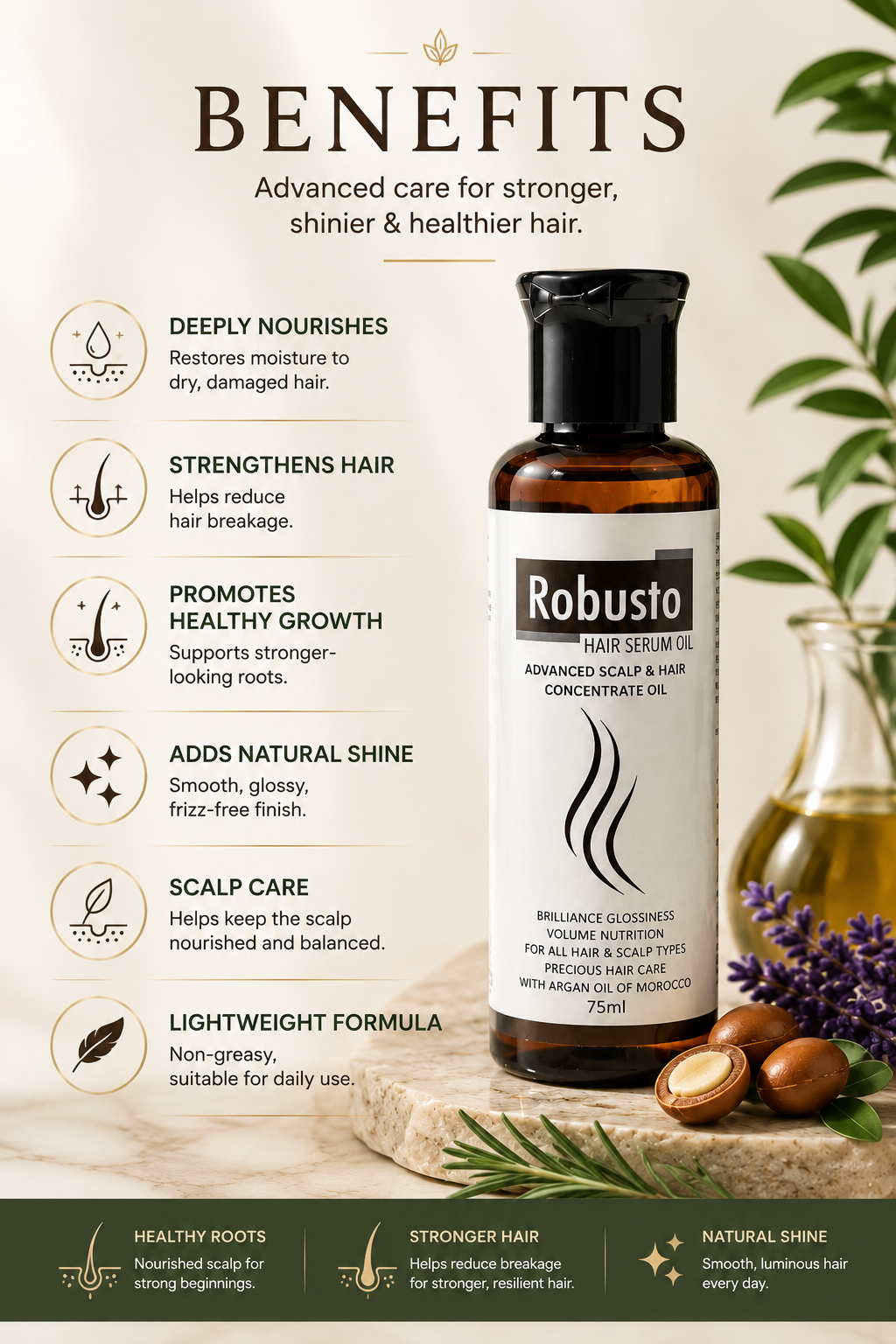 Robusto Hair Serum Oil | Argan Oil, Rosemary, Pumpkin Seed Oil, Zinc & Vitamin E Hair Growth Oil for Hair Fall Control, Stronger, Thicker Hair & Scalp Nourishment | 75ml