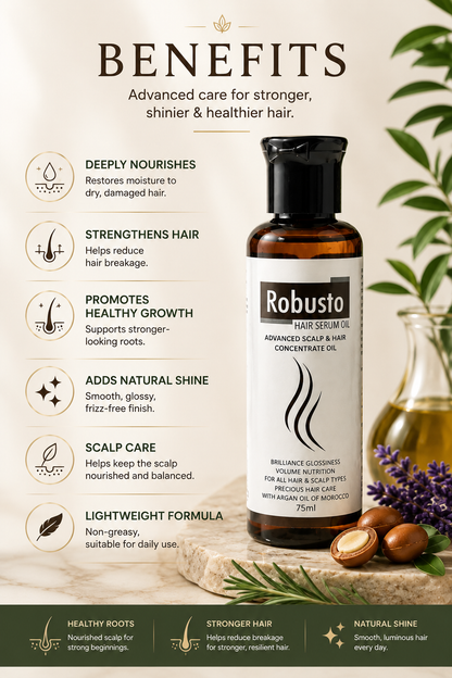 Robusto Hair Serum Oil | Argan Oil, Rosemary, Pumpkin Seed Oil, Zinc & Vitamin E Hair Growth Oil for Hair Fall Control, Stronger, Thicker Hair & Scalp Nourishment | 75ml