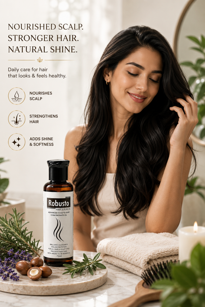 Robusto Hair Serum Oil | Argan Oil, Rosemary, Pumpkin Seed Oil, Zinc & Vitamin E Hair Growth Oil for Hair Fall Control, Stronger, Thicker Hair & Scalp Nourishment | 75ml
