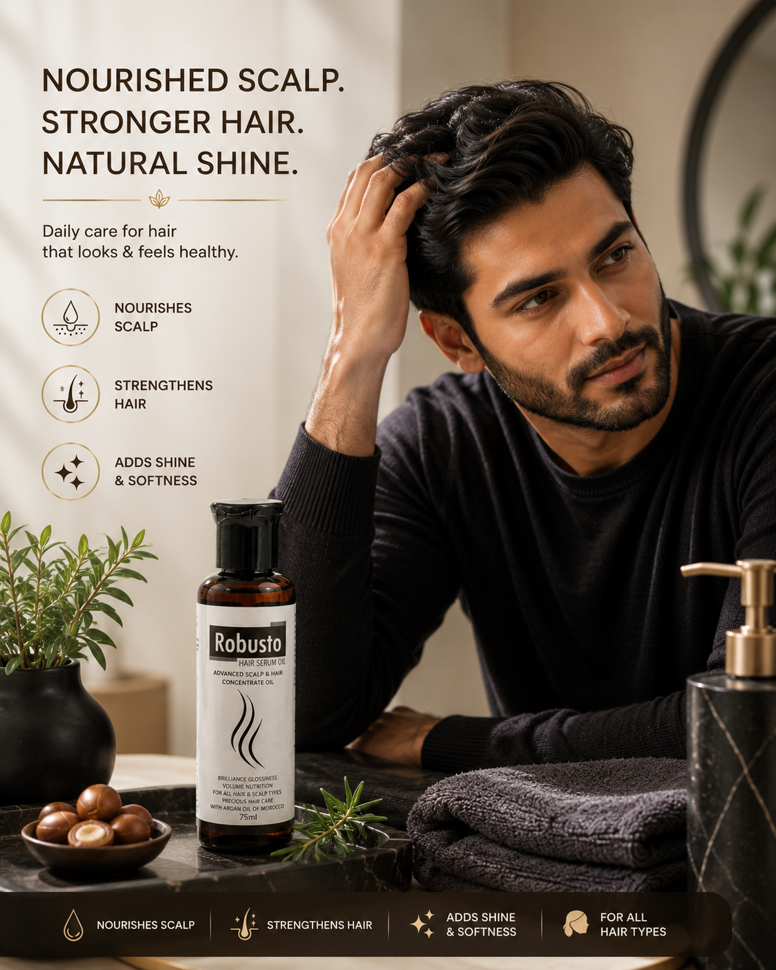 Robusto Hair Serum Oil | Argan Oil, Rosemary, Pumpkin Seed Oil, Zinc & Vitamin E Hair Growth Oil for Hair Fall Control, Stronger, Thicker Hair & Scalp Nourishment | 75ml