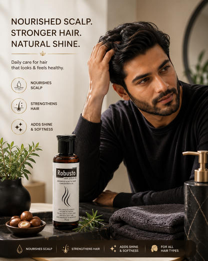 Robusto Hair Serum Oil | Argan Oil, Rosemary, Pumpkin Seed Oil, Zinc & Vitamin E Hair Growth Oil for Hair Fall Control, Stronger, Thicker Hair & Scalp Nourishment | 75ml