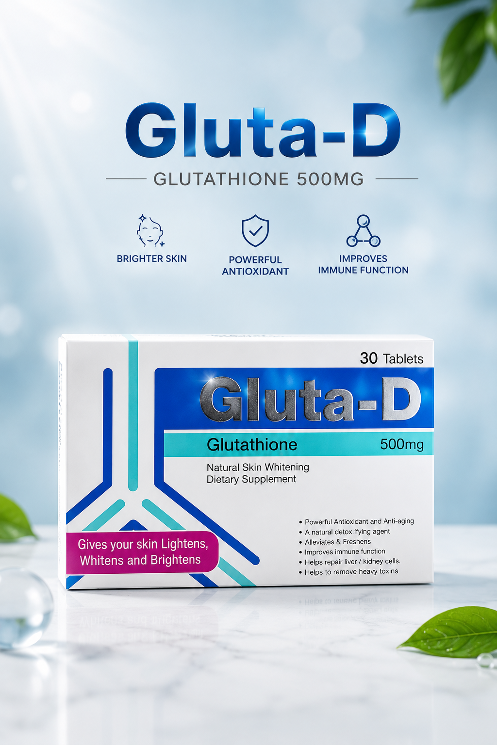 Gluta-D Glutathione 500mg Tablets | Full Body Skin Whitening & Brightening Supplement | Powerful Antioxidant for Even Skin Tone | 30 Tablets