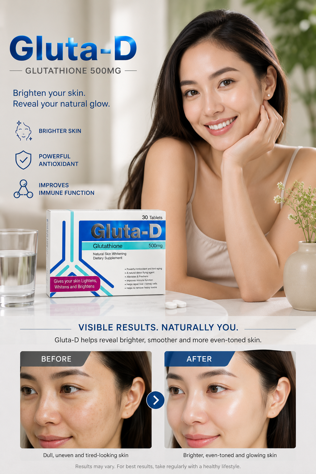 Gluta-D Glutathione 500mg Tablets | Full Body Skin Whitening & Brightening Supplement | Powerful Antioxidant for Even Skin Tone | 30 Tablets