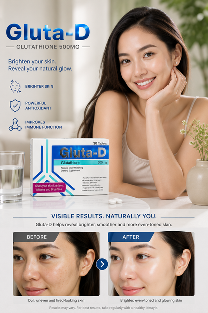 Gluta-D Glutathione 500mg Tablets | Full Body Skin Whitening & Brightening Supplement | Powerful Antioxidant for Even Skin Tone | 30 Tablets