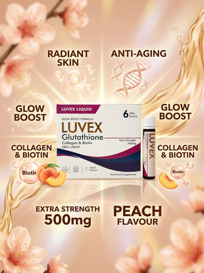 LUVEX Glutathione Glow Boost Whitening Shots | 500mg Glutathione, Collagen & Biotin Oral Liquid for Radiant Skin, Anti-Aging & Skin Glow (6 Shots)