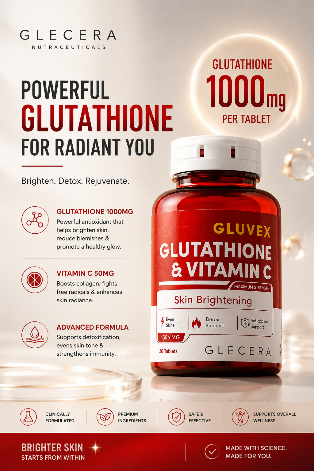 GLUVEX Glutathione 1000mg + Vitamin C 50mg | Advanced Skin Brightening Formula | 20 Tablets