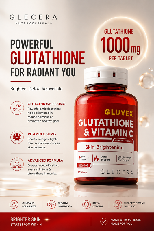 GLUVEX Glutathione 1000mg + Vitamin C 50mg | Advanced Skin Brightening Formula | 20 Tablets