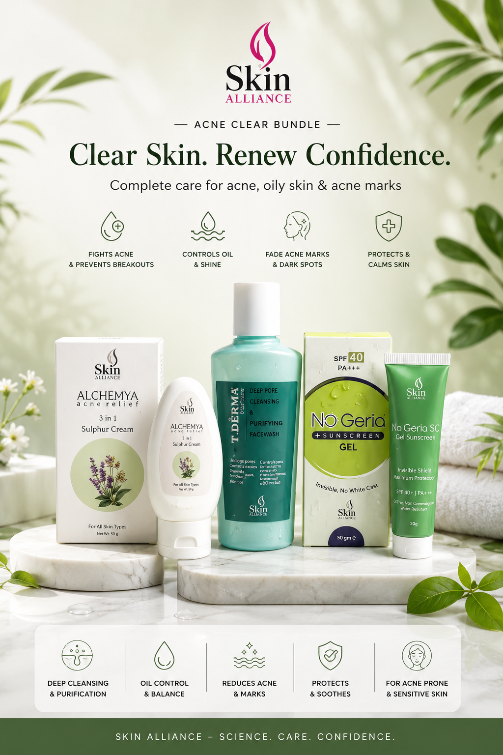 Alliance Acne Clear Bundle – Acne, Oily Skin & Acne Marks Treatment Kit (Facewash, Cream & Sunscreen)