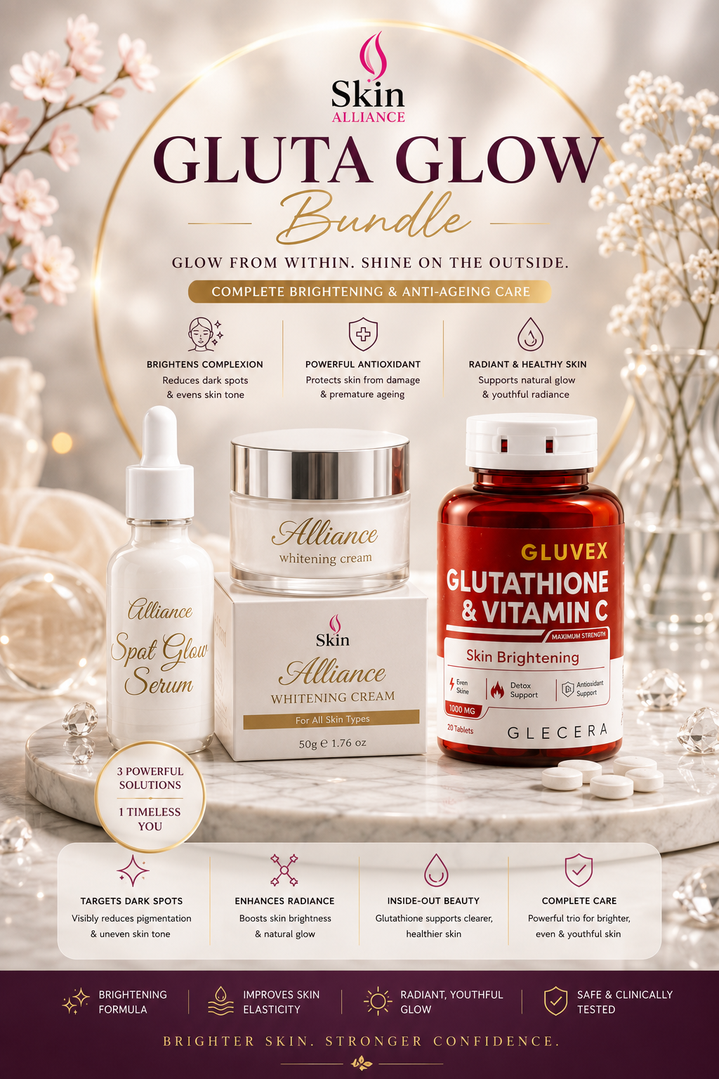 Gluta Glow Bundle
SpotGlow Serum + Alliance Whitening Cream + Gluvex 1000 mg Glutathione