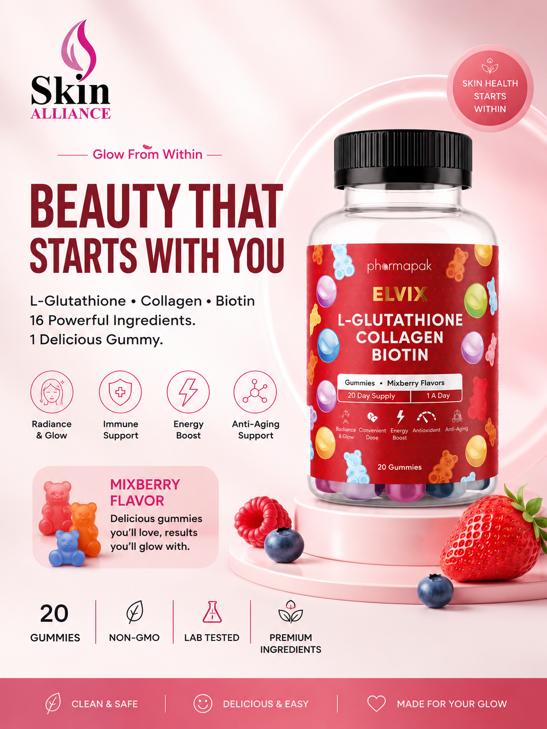 Elvix L-Glutathione Collagen Biotin Gummies | Skin Brightening & Beauty Support | 20 Gummies