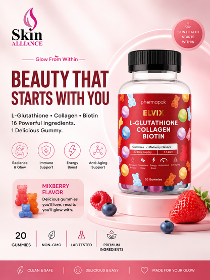Elvix L-Glutathione Collagen Biotin Gummies | Skin Brightening & Beauty Support | 20 Gummies