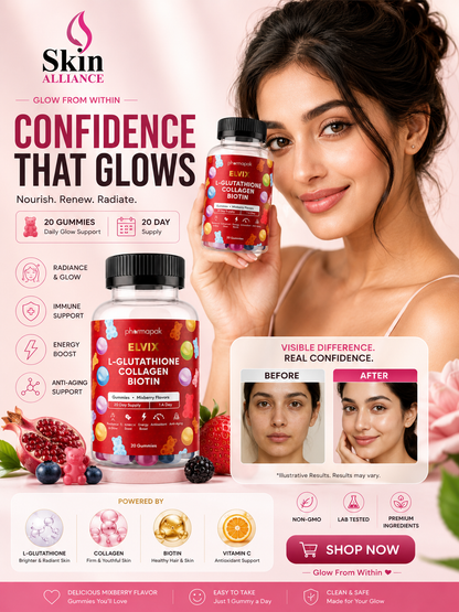 Elvix L-Glutathione Collagen Biotin Gummies | Skin Brightening & Beauty Support | 20 Gummies