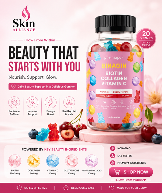 Binagin Biotin Collagen Vitamin C Gummies | Hair, Skin & Nail Support | Cherry Flavor | 20 Gummies | Skin Alliance