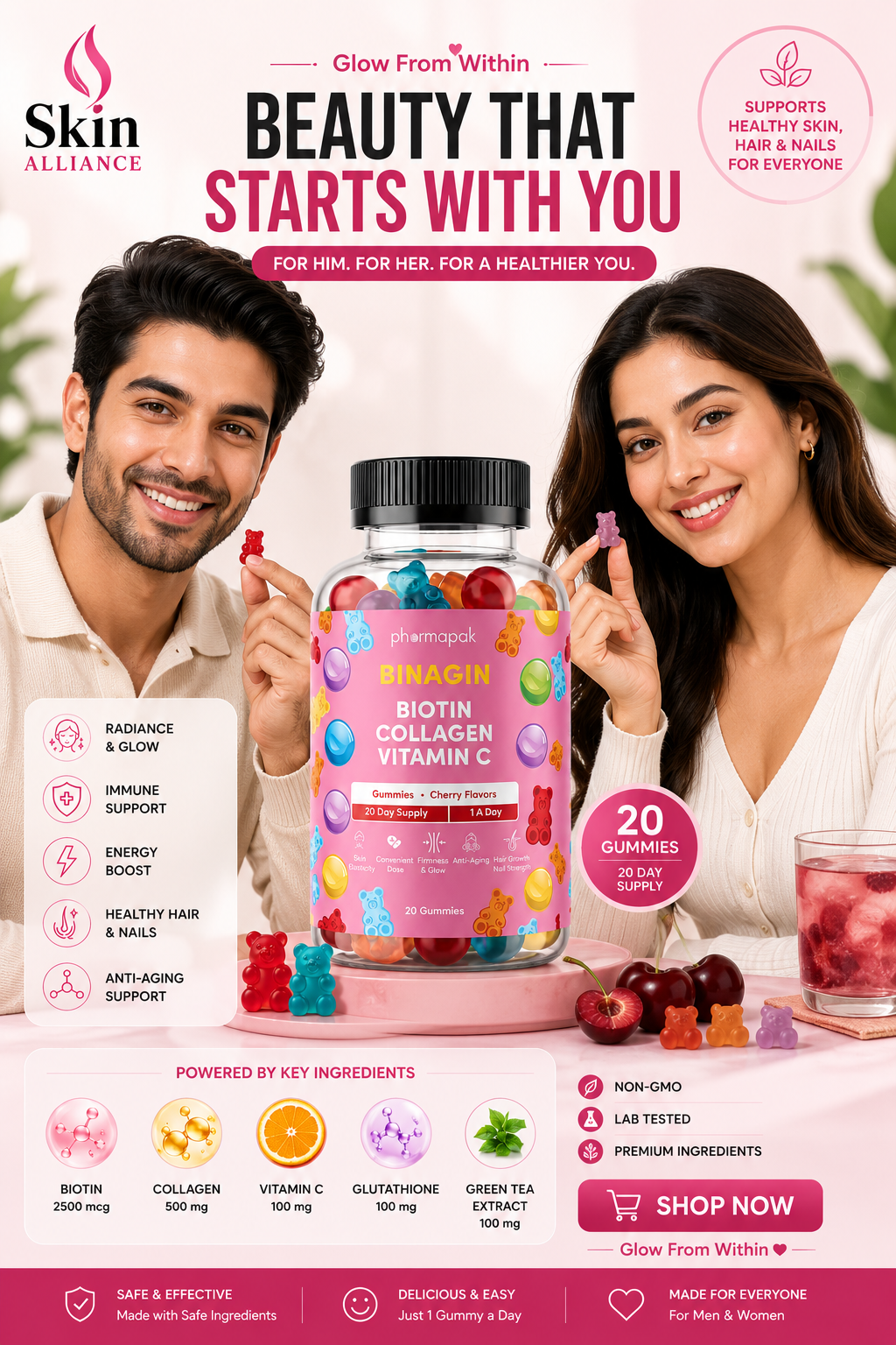 Binagin Biotin Collagen Vitamin C Gummies | Hair, Skin & Nail Support | Cherry Flavor | 20 Gummies | Skin Alliance