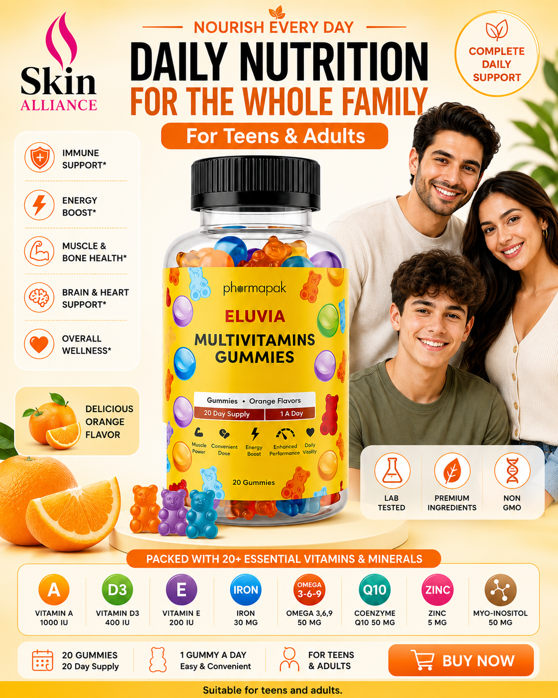 Eluvia Multivitamin Gummies | Daily Vitamins & Minerals for Teens & Adults | Orange Flavor | 20 Gummies | Skin Alliance