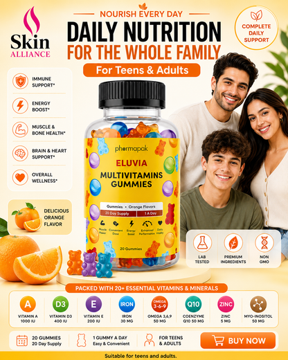 Eluvia Multivitamin Gummies | Daily Vitamins & Minerals for Teens & Adults | Orange Flavor | 20 Gummies | Skin Alliance